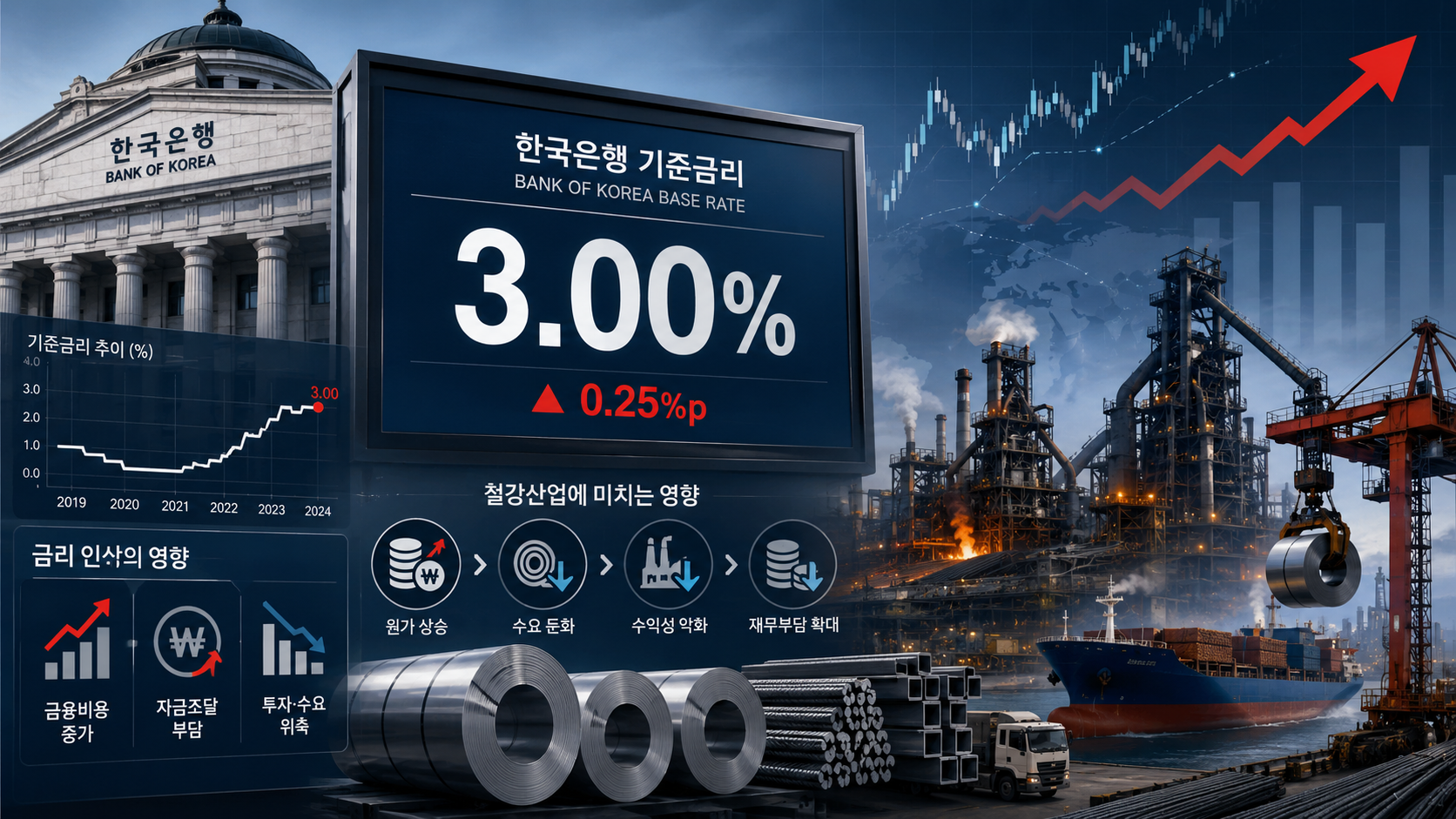 [금리 3% 시대와 철강①] 한은 25bp 인상, 철강시장 충격은 ‘수요’보다 ‘돈의 가격’에서 먼저 온다