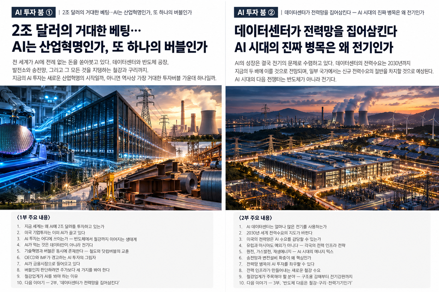 데이터센터·반도체·발전소·송전망과 철강 소재가 연결된 AI 산업 인프라 이미지