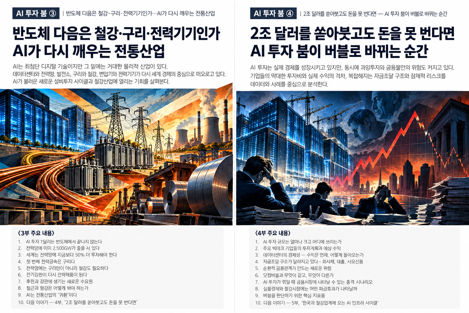 데이터센터·송전망·변압기·구리 케이블·철강 코일과 제철소를 산업 포스터풍으로 구성한 AI 인프라 이미지