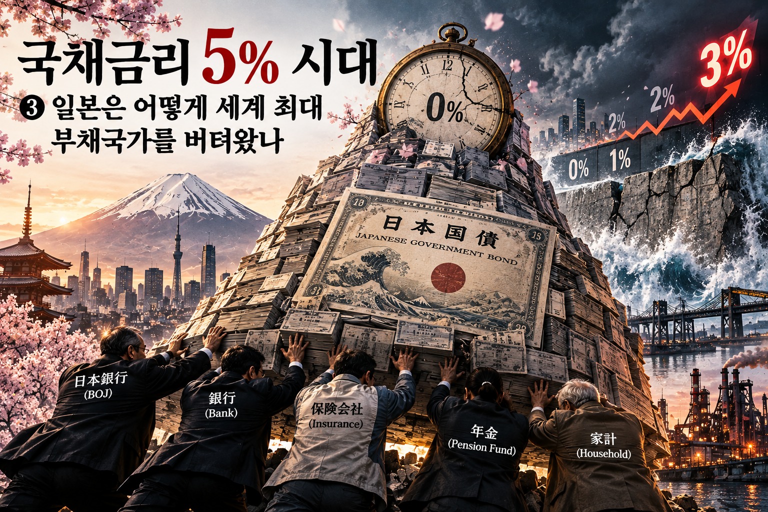 국채금리 5% 시대 3부 일본 국가부채와 금리 정상화를 상징한 일러스트